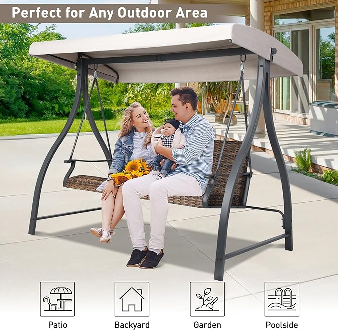 BPS 3 Seat Outdoor Porch Swing with Adjustable Canopy, PE Wicker Patio Swing Chair with Quick-Drying Foam Seat, 882 LBS Capacity, Proch Swings for Deck, Backyard, and Lawn, Khaki
