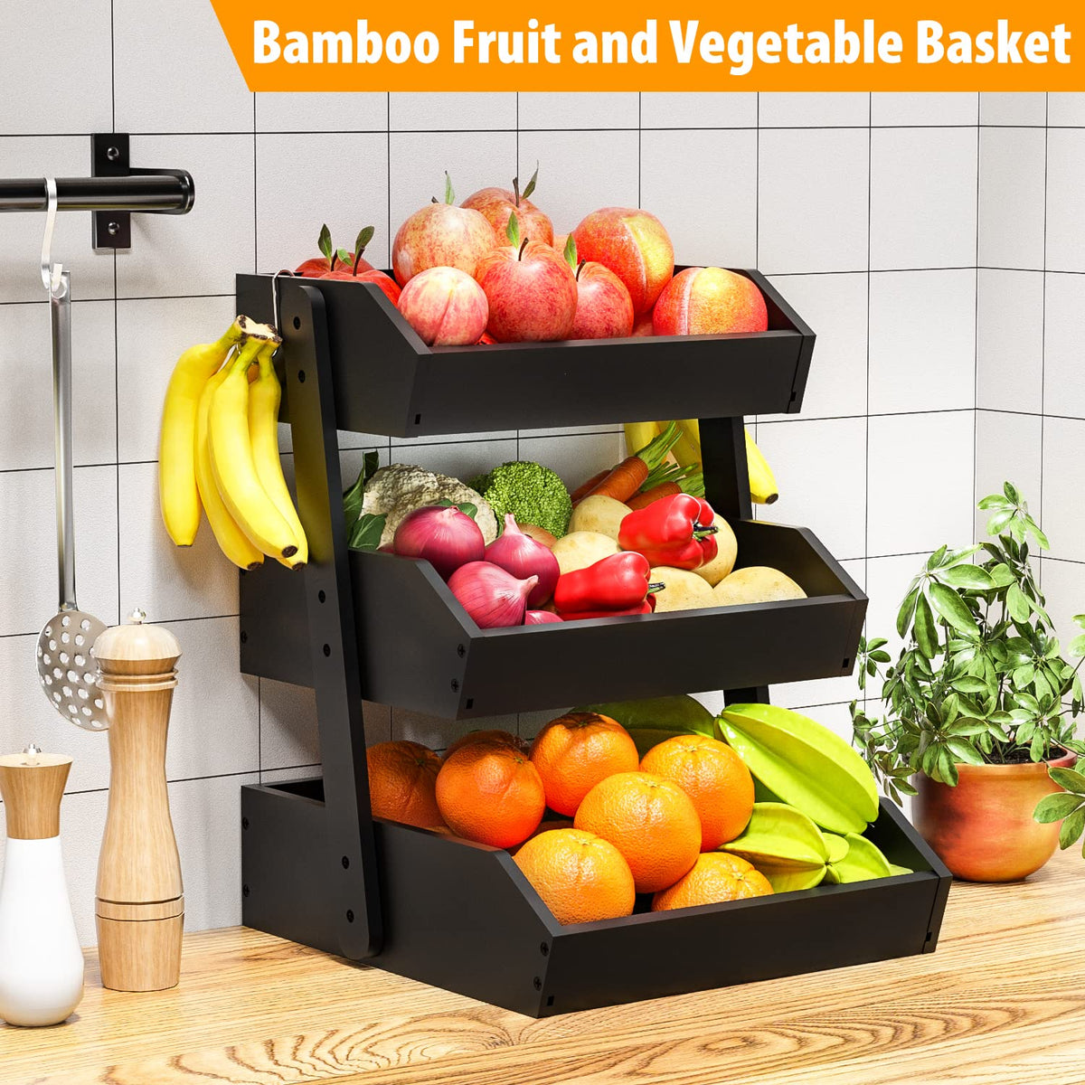 Gmtsl Bamboo Fruit Basket for Kitchen, Fruit Holder for Kitchen Countertop