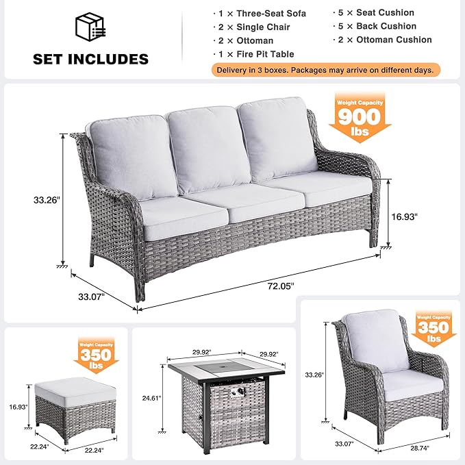 ovios 6 Pieces Patio Furniture Set with 30" Fire Pit Table, Outdoor Wicker Sofa with Ottomans, Comfy Cushions, High Back Couch Conversation Set, Grey Rattan, Grey