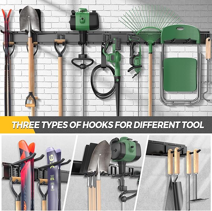 LBT 66" Garage Tool Organizer Wall Mount - 720lbs Garden Tool Organizer with Adjustable Hooks, Heavy Duty Metal Garage Storage Rack, Anti-Rust Shed Rack Holder Hanging Rake Broom Mower Snowboard