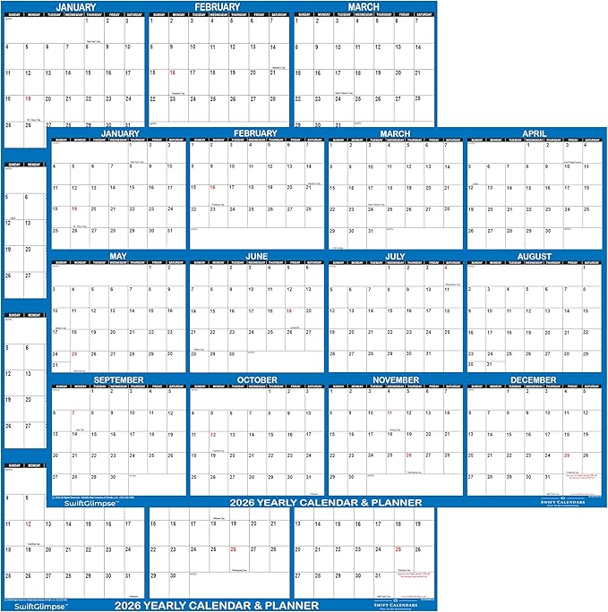 24" x 36" SwiftGlimpse 2026 Paper Folded Wall Calendar Large 12 Month Annual Yearly Wall Planner, Reversible, Horizontal/Vertical, Navy