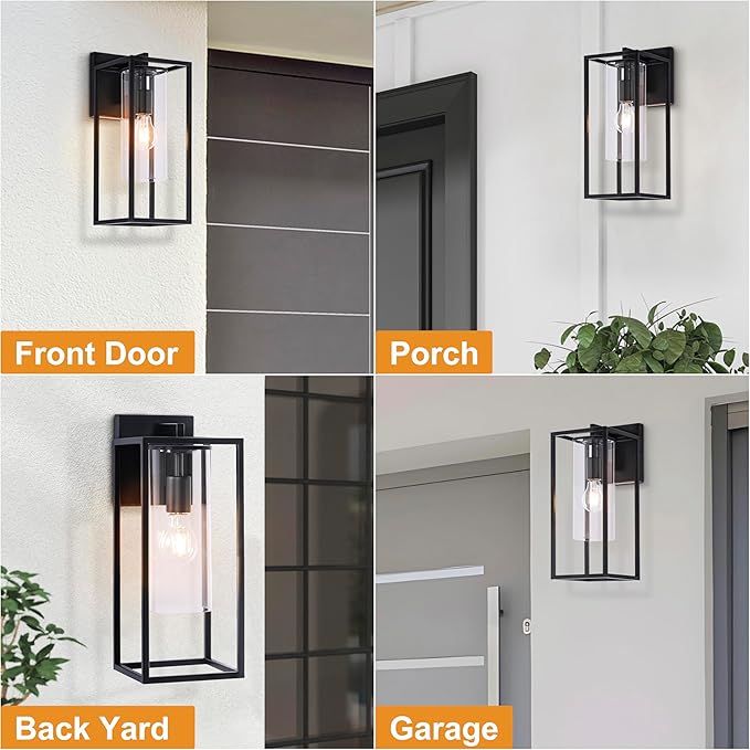 15.7 Inch Outdoor Wall Lights, Black Outdoor Wall Lantern with Square Clear Glass Shade, Waterproof Exterior Lighting Fixtures, Modern Front Porch Lighting for House, Garage, E26 Base, ETL Listed