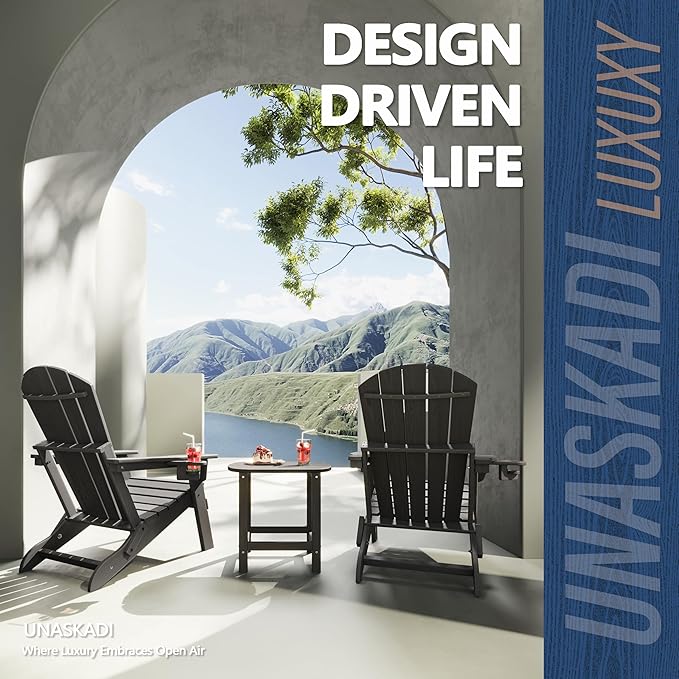 Folding Adirondack Chair with Cup Holder, HDPE All Weather Resistant Plastic Outdoor Patio Chairs, Heavy Duty Fire Pit Seating for Backyard Lawn Garden, Wooden Textured Design(Gray)