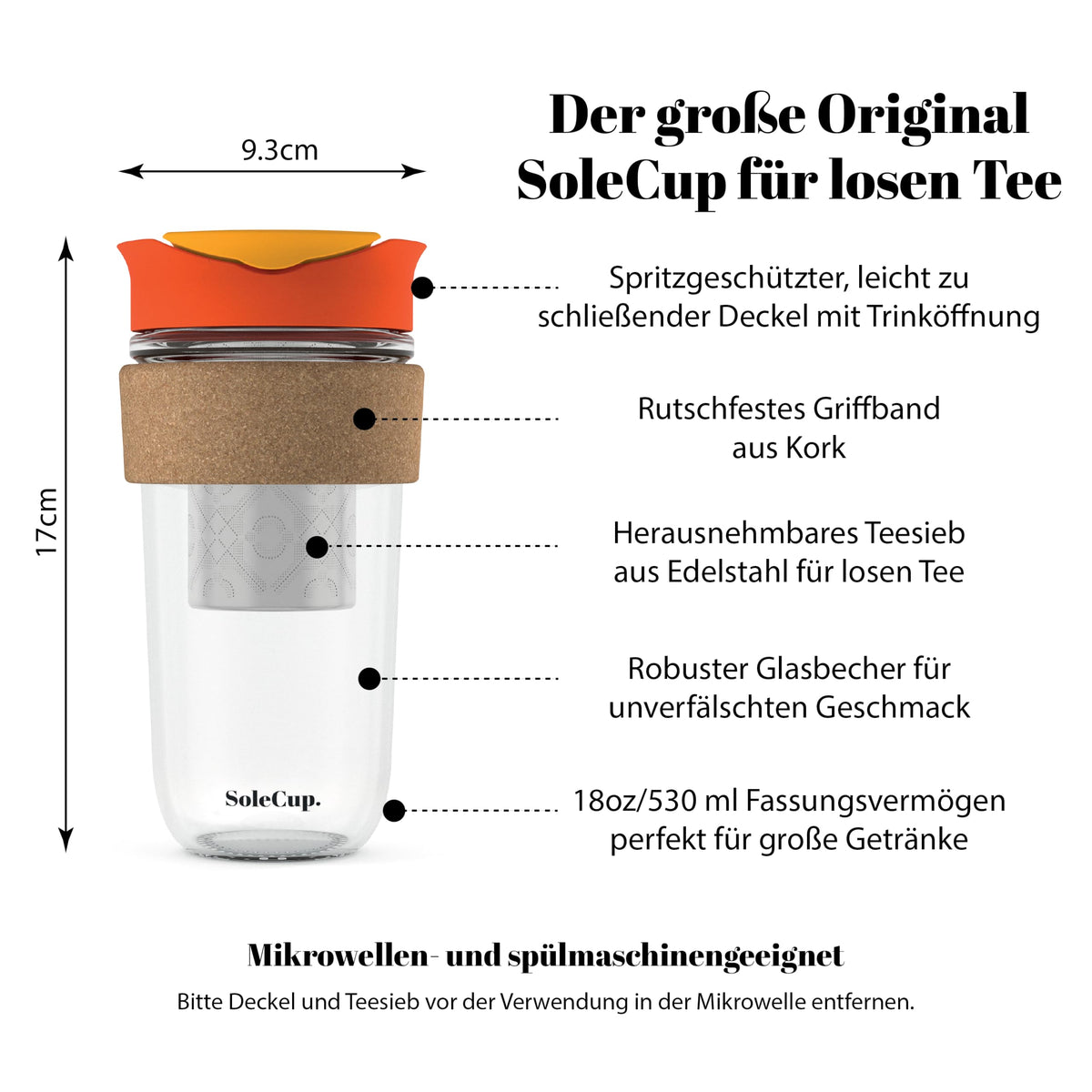 SoleCup. Large Travel Mug Loose Tea Infuser - Detachable Tea Strainer with Spill Proof Lid - 18oz/530ml BPA-Free Reusable Glass Travel Coffee Cup with Cork Band (Red, 18oz)