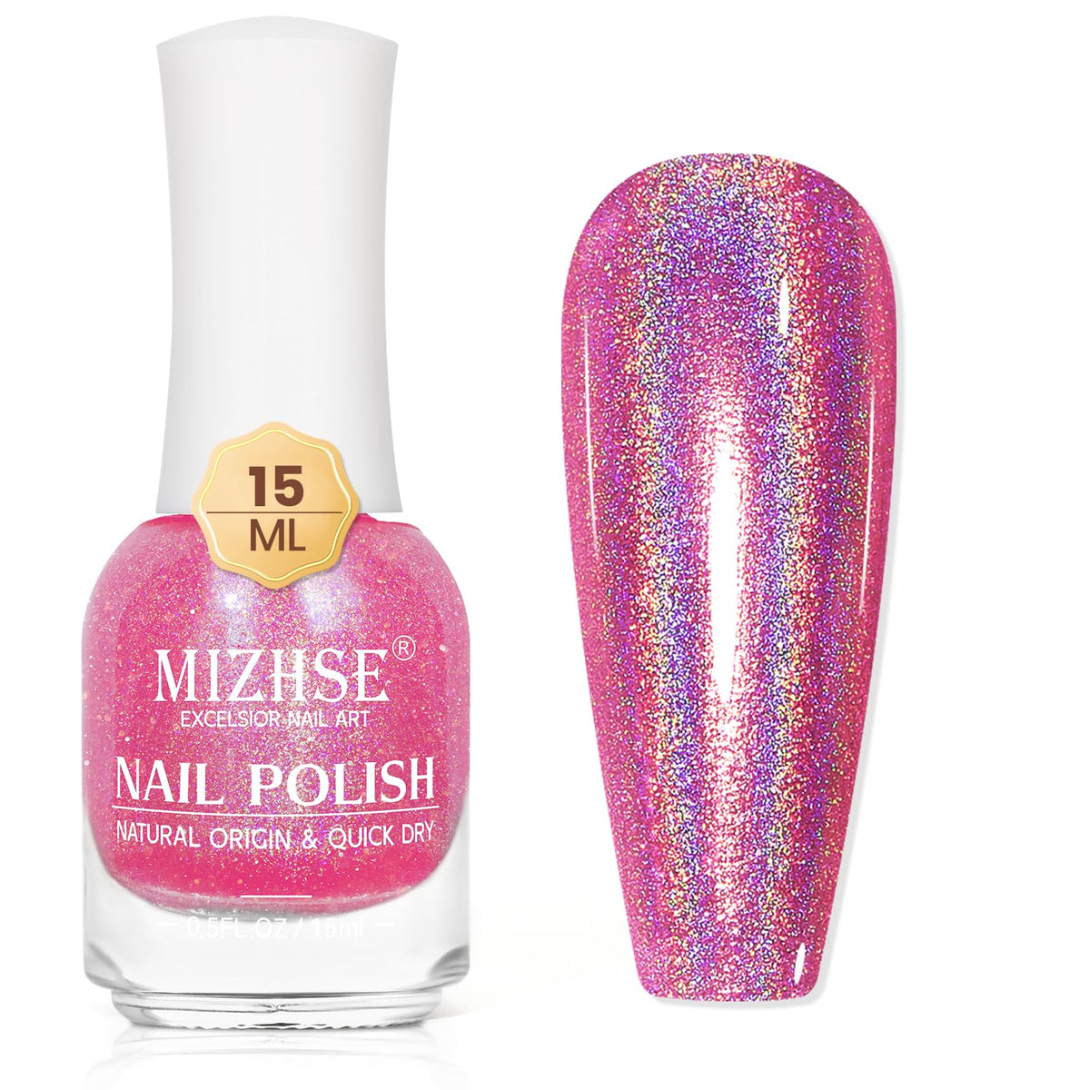 Mizhse Holographic Nail Polish, Pink Glitter Nail Polish Air Dry Fast, 15 Ml High Glossy Shimmer Nail Pigment Oil-Based Laser Ir