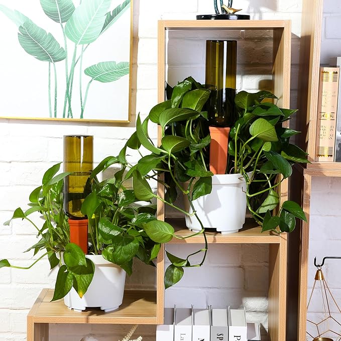 6 Sets Plant Watering Devices Include Terracotta Self Watering Spikes and 26 oz Plastic Bottles, Slow Release Vacation Insert Automatic Plant Waterer Device (Green Clear Brown and Terracotta)