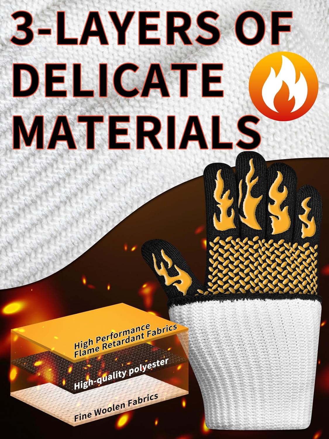 BBQ Oven Gloves, 1472℉ 3-Layers Heat Resistant Oven Mitts Silicone Non-Slip Cooking Gloves for Barbecue, Grilling, Baking, Welding, Smoker (A Pair) (Yellow)