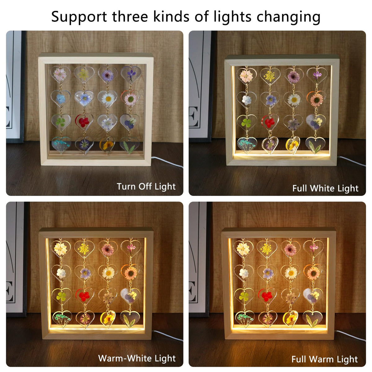 SMUK Resin Dried Flower LED Aesthetic Desk Lamp, Unique 3 Way Dimmable Natural Pressed Flower Table Lamp with Wooden Frame for Desk, Table, Nightstand, Bedroom, Living Room, Office