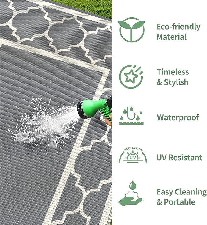 GENIMO 5 ' x 8 ' Outdoor Rug for Patio, Waterproof Indoor Outdoor Plastic Straw Rugs Carpet, Reversible Outside Area Mat for Camping, Balcony Porch, Deck, Picnic, Beach Grey & Beige White