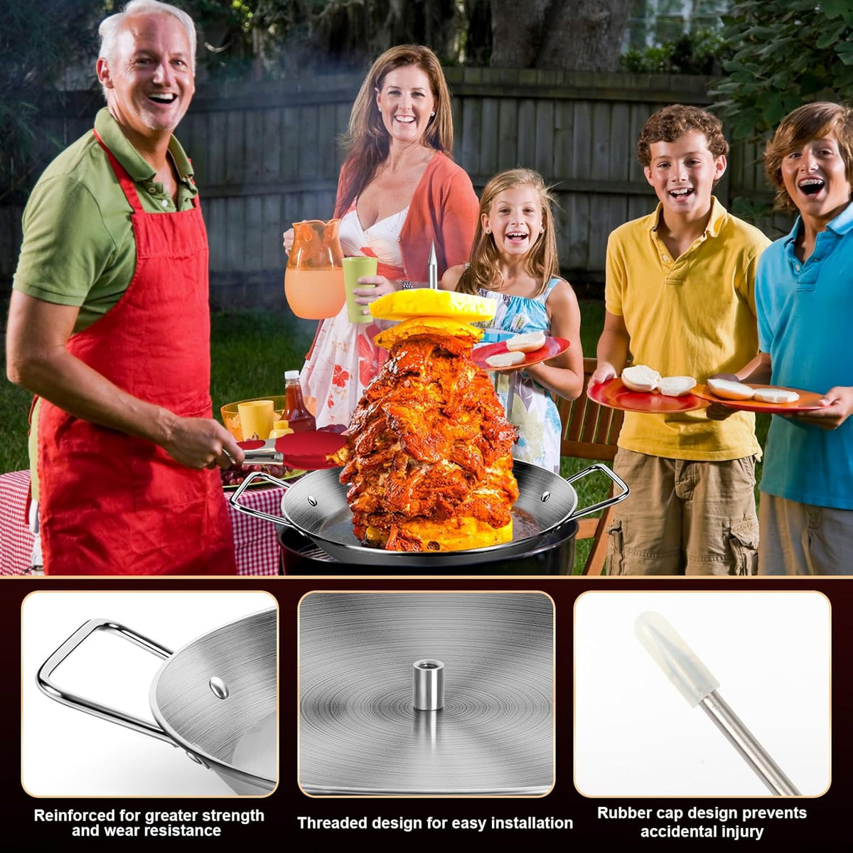 Stainless Steel Al Pastor Skewer & Gyro Pan for Grill – BBQ Vertical Skewer Pan Set with 3 Removable Spikes (8”/10”/12”), Brushes & Tongs, Brazilian Spit Stand for Tacos, Shawarma, Kebabs, Oven