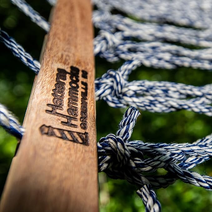 Hatteras Hammocks Deluxe Navy Oatmeal Heirloom Tweed Duracord Rope Hammock with Free Extension Chains & Tree Hooks, Handcrafted in The USA, 450 LB Weight Capacity, 13 ft. x 60 in