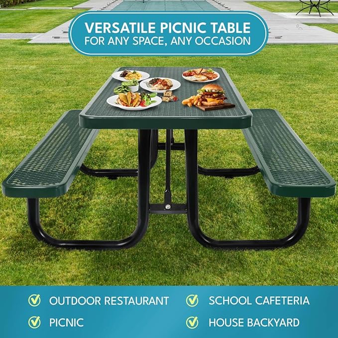 6 ft. Rectangular Outdoor Steel Picnic Table with Umbrella Pole, Heavy-Duty Weather-Resistant Dining Table for Patio, Backyard, and Garden, Rust-Resistant Finish, Green