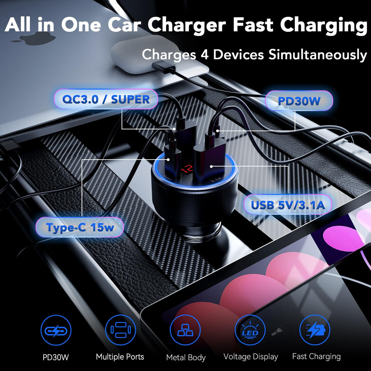AGEK Car Charger USB C Fast Charge 78W 4-Port Cigarette Lighter USB Charger