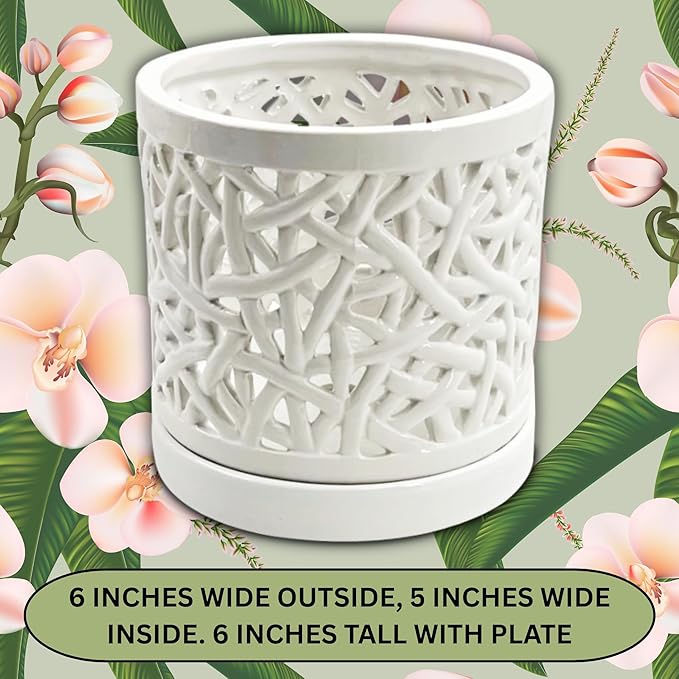 Large Ceramic Orchid Pot with Holes, 6 Inches Wide, for Indoors or Outdoors with Woven String Cut Out Design, Orchid Planters