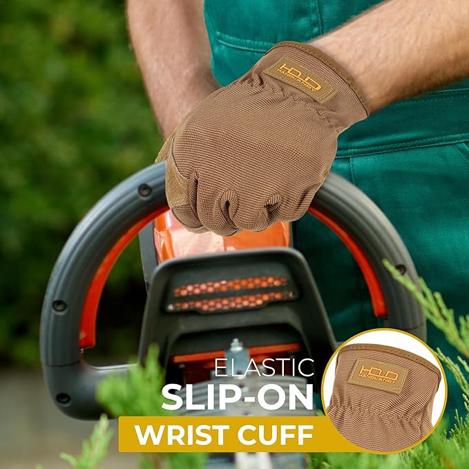 HANDLANDY Leather Work Gloves for Men & Women, Reinforced Durable Garden Gloves, Cowhide Working Glove for Gardening