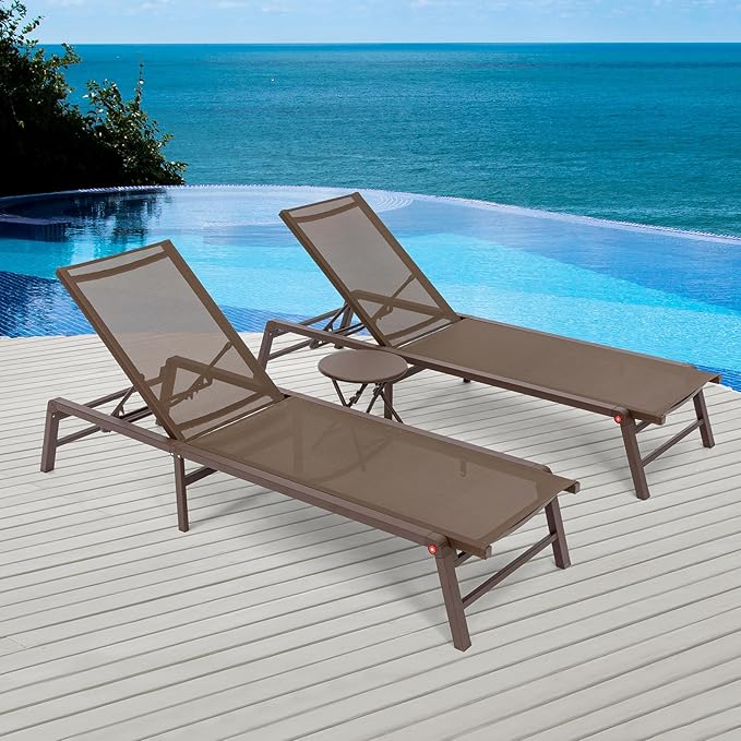 Aluminum Chaise Lounge Chair Outdoor, Foldable Patio Lounge Chair 2 Sets with Table Assemble-Free, Pool Lounge Chairs with 5 Adjustable Backrest, Outdoor Lounge Chairs for Outside Poolside Brown