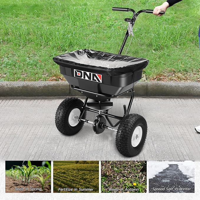 DNA MOTORING Walk Behind Push Broadcast Spreader,125 LB / 60L Capacity, Multi Use Tool for Fertilizer, Grass Seed, Salt, Ice Melt, Lawn and Garden Seeder, with Wheels, TOOLS-00611