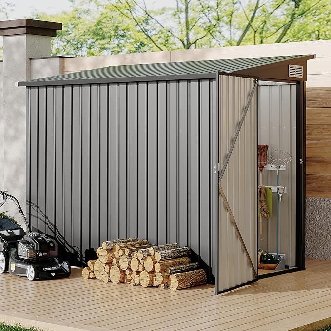 4x8 FT Metal Outdoor Lean to Storage Shed, Lean to Garden Shed Utility Tool Shed, Heavy-Duty Outdoor Metal Wall Side Storage Sheds