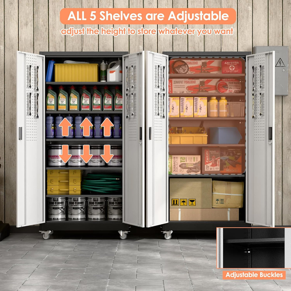 Aobabo Garage Metal Storage Cabinet with Wheels, 71" H×34" W×18" D Locking Steel Storage Cabinet with 5 Shelves and 4 Hooks, for Home Office, School, Assembly Required, Black Silver