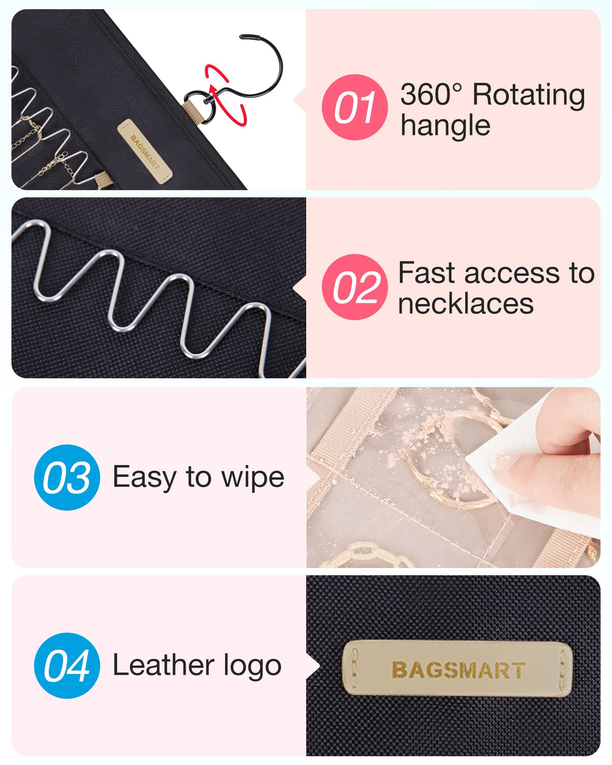 BAGSMART Hanging Jewelry Organizer Necklace/Earring/Ring 2-Sided L Black