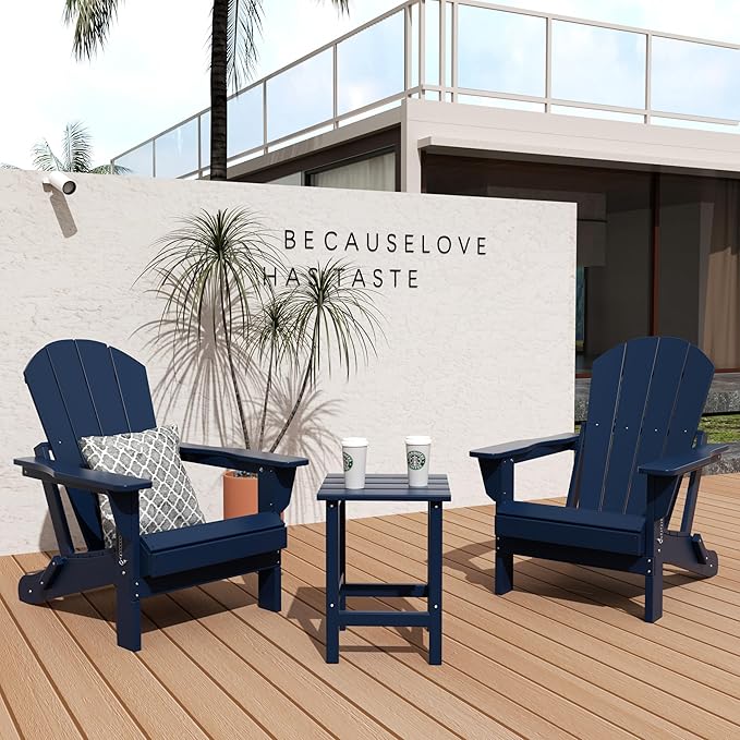 WO Home Furniture Adirondack Chair Table Set of 2 PCS Outdoor Folding Chair w Side Table Weather/UV Resistant for Lawn, Garden, Bon Fire, Balcony (Navy Blue)