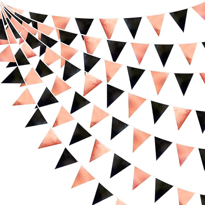 Black Rose Gold Party Decorations Triangle Pennant Banner Flag Rose Gold Black Metallic Fabric Bunting Garland for Graduation Birthday Wedding Engagement Bachelorette Celebration Hen Party Supplies