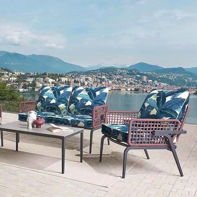 LVTXIII Outdoor Deep Seat Cushion 22"x22"x4" Patio Seat and Back Cushion Set Seasonal Chair Cushion for Dining Arm Chairs, Wicker Chairs and Garden Furniture Decoration, Swaying Palms Blue