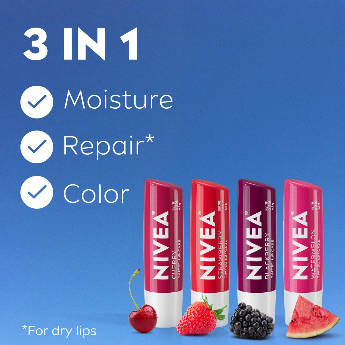 NIVEA Lip Care, Fruity Cuties Lip Balm Variety Pack, 4 x 0.17 OZ