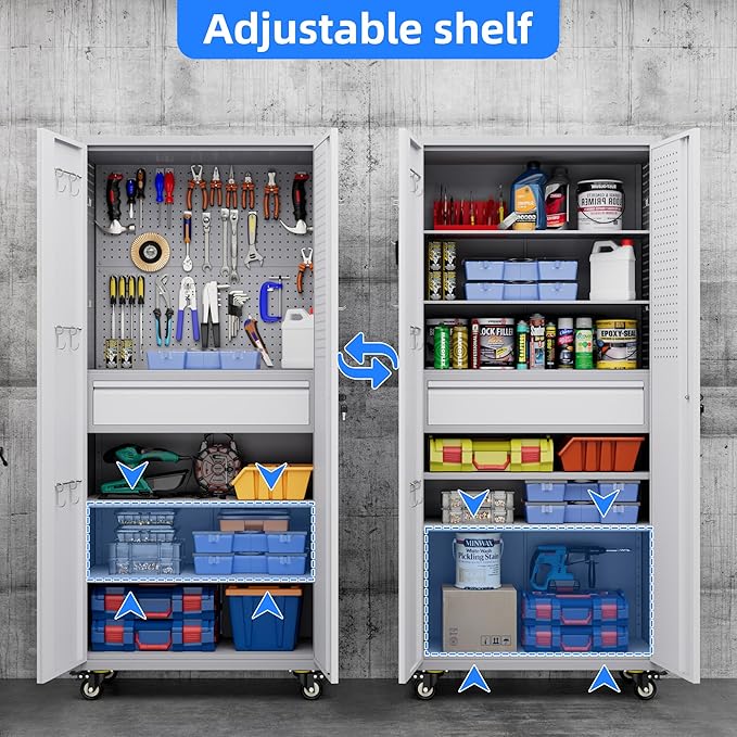 Garage Storage Cabinet with Locking Doors and 2 Adjustable Shelves, 71" H Metal Rolling Tool Storage Cabinet with Wheels, Drawer, Pegboard and 16 Hooks for Garage, Warehouse, White and Gray