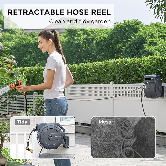 Giraffe Tools AW405/8MB Retractable Garden Hose Reel 5/8" x 90 ft PRO Metal Bracket, Heavy Duty, Any Length Lock Hose Reel, 90ft, Dark Grey