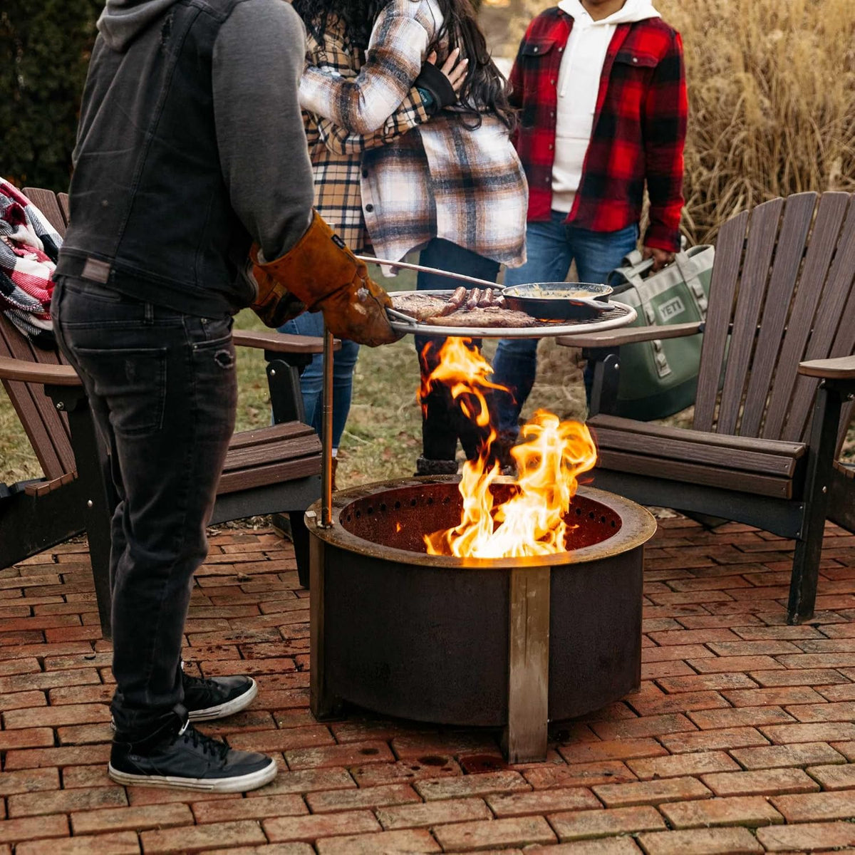 Breeo Smokeless Fire Pit Grilling Bundle (X Series 24 Corten Steel, Outpost Grill, Ash Shovel, & Lid) | 27.5 inch Smokeless Firepit for Outside | Ideal for Families