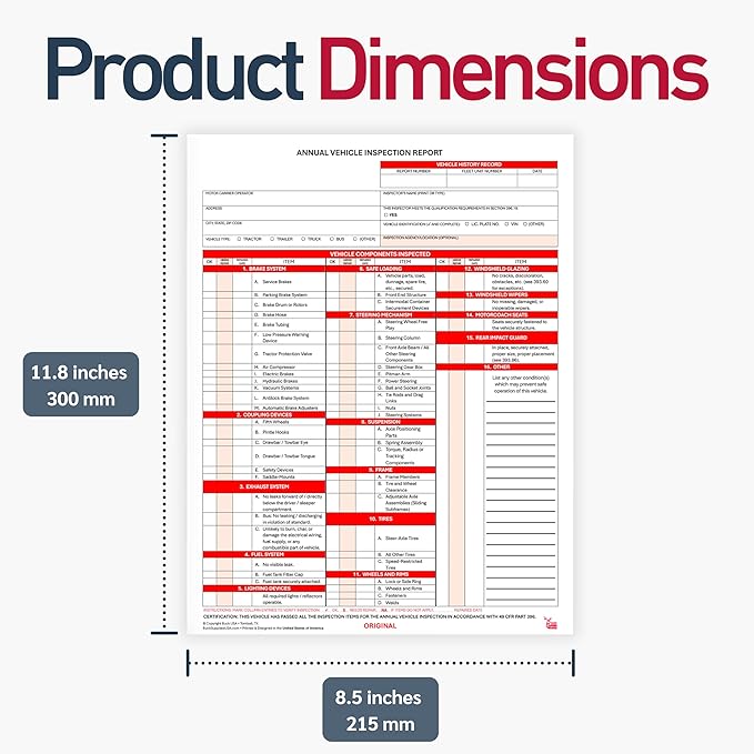 10 Pack 3-Ply Carbonless Annual Vehicle Inspection Report Forms with FMCSA 2-Ply Mylar Laminate Adhesive Vinyl Labels, DOT Inspection Forms and Stickers, Shrink-Wrapped, 8.5" x 11.75" - Made in USA