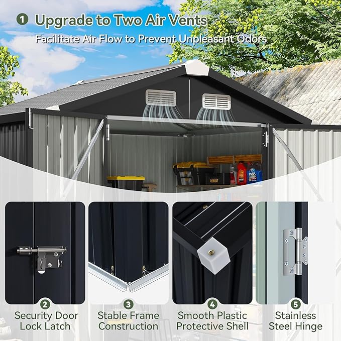 Aoxun 6.2x4 FT Shed Outdoor Galvanized Storage Shed with Large Lockable Doors for Lawn, Backyard, Patio (Black)