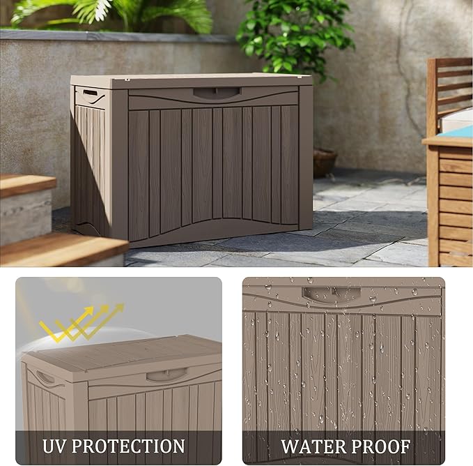 50 Gallon Lockable Resin Deck Box, Waterproof & UV-Resistant Outdoor Storage Box for Outdoor Cushion Storage, Garden Tools & Pool Accessories Storage, Gray