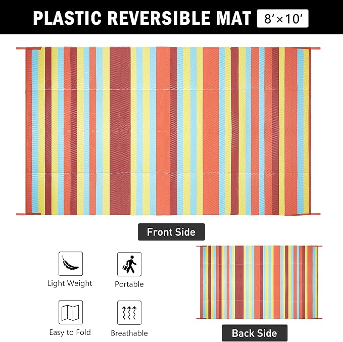Outdoor Waterproof Rug 8'x10' Plastic Straw Rugs Washable Reversible Floor Mat Rainbow Stripe Carpet for Camping RV Deck Entryance Porch Picnic Balcony Beach Backyard