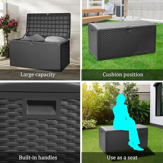 80 Plus Gallon Resin Deck Box, Waterproof Outdoor Storage Bin for Patio, Poolside, and Garden, Lockable & UV-Resistant, Ideal for Small Spaces, Black