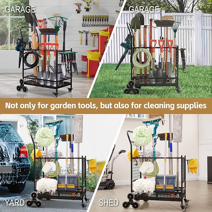 Lauren&Harold Garden Tool Organizer for Garage, Yard Tools Storage Rack with 2 Stair-Climbing Wheels, Gardening Tool Storage Holder for Garage, Yard, Lawn and Outdoor, Garden Tool Rolling Cart