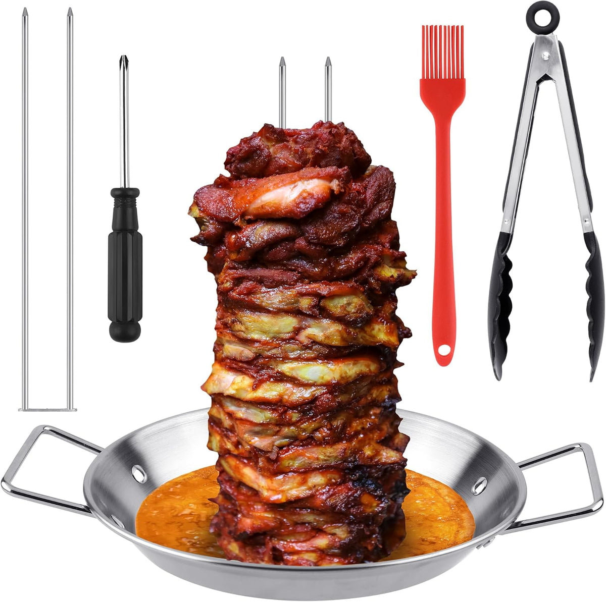 Elcoho Al Pastor Skewer for Grill BBQ Vertical Skewer Pan with Spikes Brush Tongs Screwdriver Al Pastor Rotating Grill Vertical Rotisserie for Turkey Tacos Al Pastor Shawarma Chicken on Smoker Oven