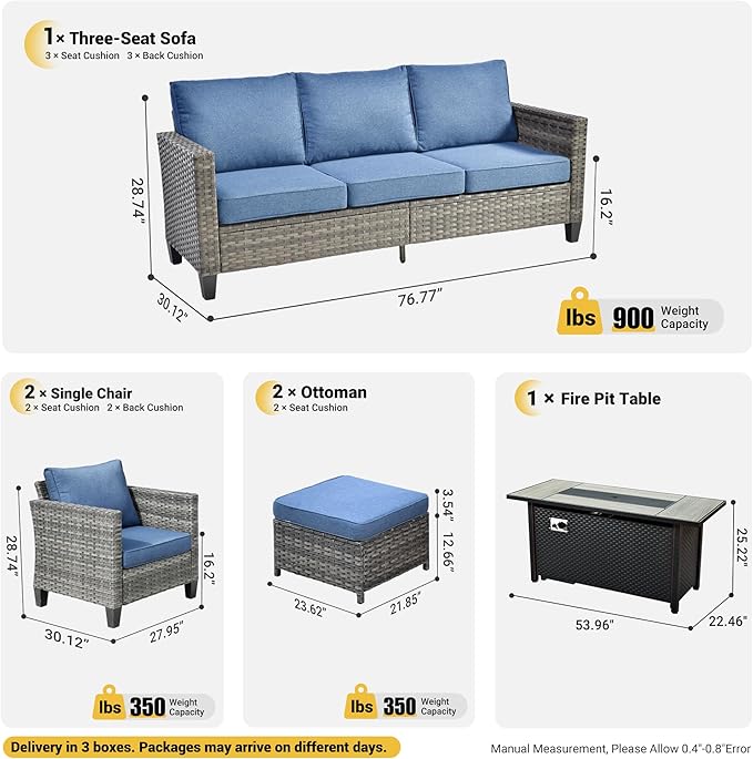 ovios 6 Pieces Patio Furniture Set with 54" Fire Pit Table, Outdoor Wicker Sofa with Comfy Cushions, All Weather High Back Rattan Couch Conversation Set, Denim Blue
