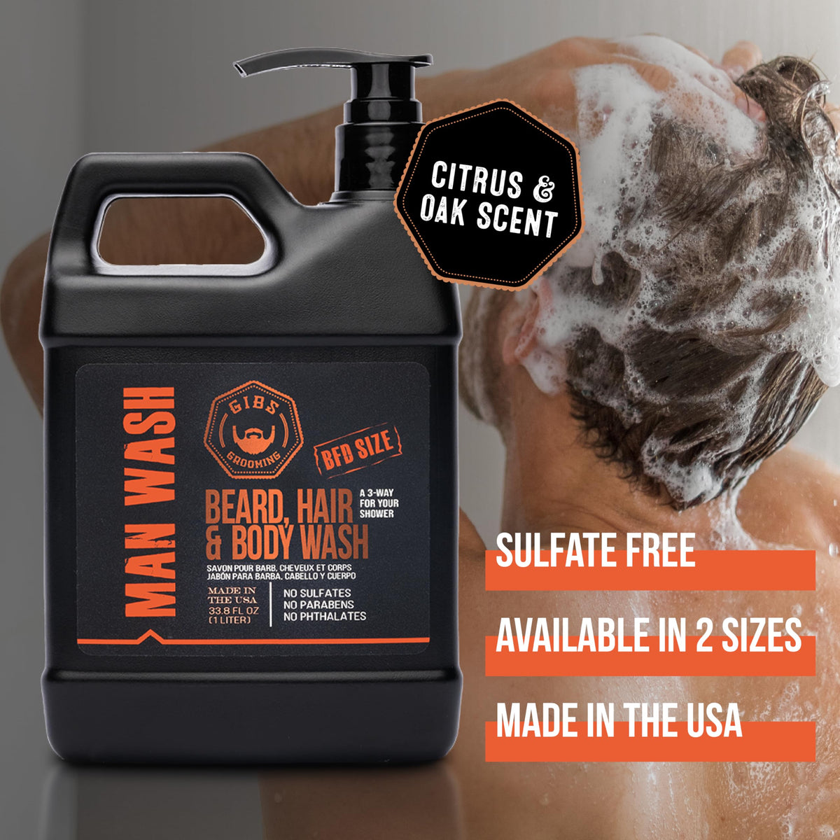 GIBS Grooming - Original Man Wash (33.8 fl oz) 3-in-1 Beard, Hair, Body Soap - Citrus, Oak, Basil Scent - Sulfate Free - Tea Tree Oil, Hemp Oil, Protein - Mens Body Wash & Mens Shampoo - Made in USA