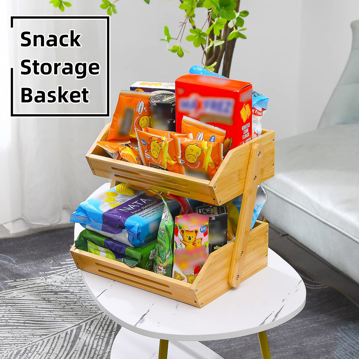 VIKEYHOME 2-Tier Bamboo Fruit Basket - 11" Tall Kitchen Countertop Stand
