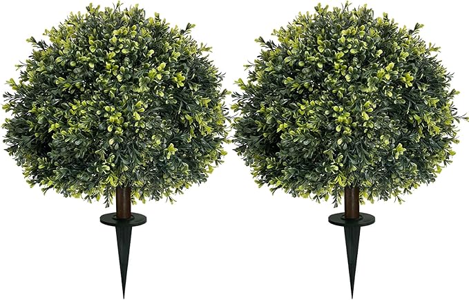 ICX 2 Pack 24" Artificial Boxwood Topiary Ball Trees with Ground Spike,Artificial Plants Outdoor,Fake Bushes & Shrubs for Porch, Garden, Front Porch Decor - Indoor/Outdoor Faux Plants