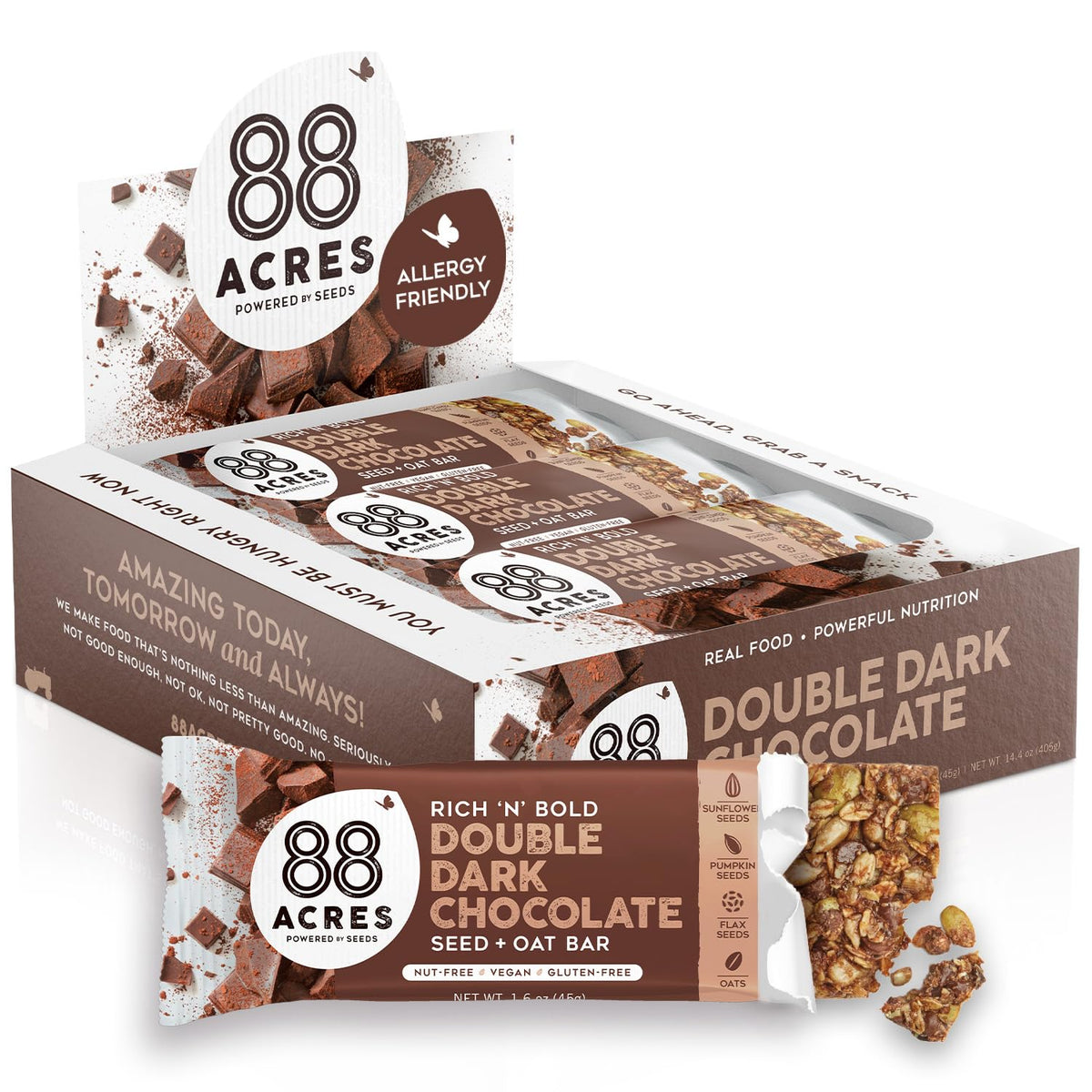 88 Acres Granola Bars | Double Dark Chocolate - Gluten Free, Nut-Free, Vegan Snack Bar, 12 Pack