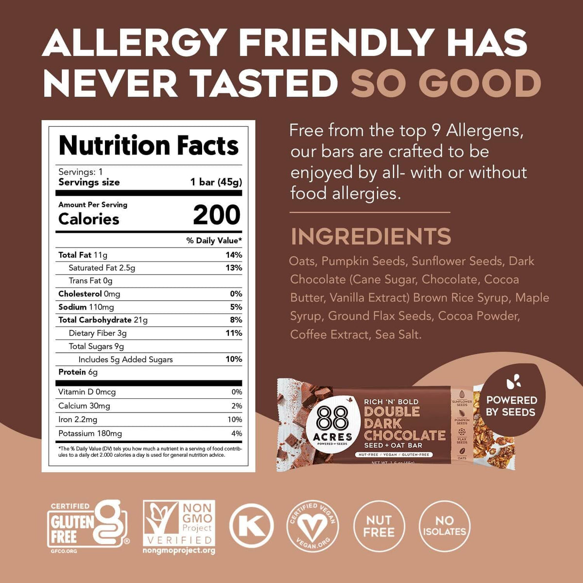 88 Acres Granola Bars | Double Dark Chocolate - Gluten Free, Nut-Free, Vegan Snack Bar, 12 Pack