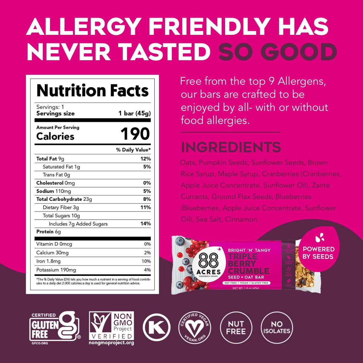 88 Acres Granola Bars - Triple Berry Crumble, Gluten & Nut Free, 12 Count