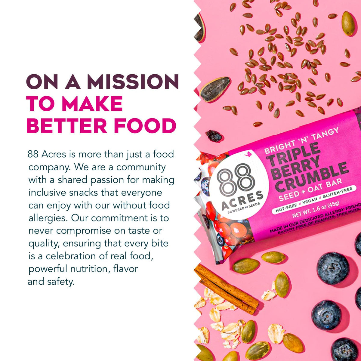 88 Acres Granola Bars - Triple Berry Crumble, Gluten & Nut Free, 12 Count