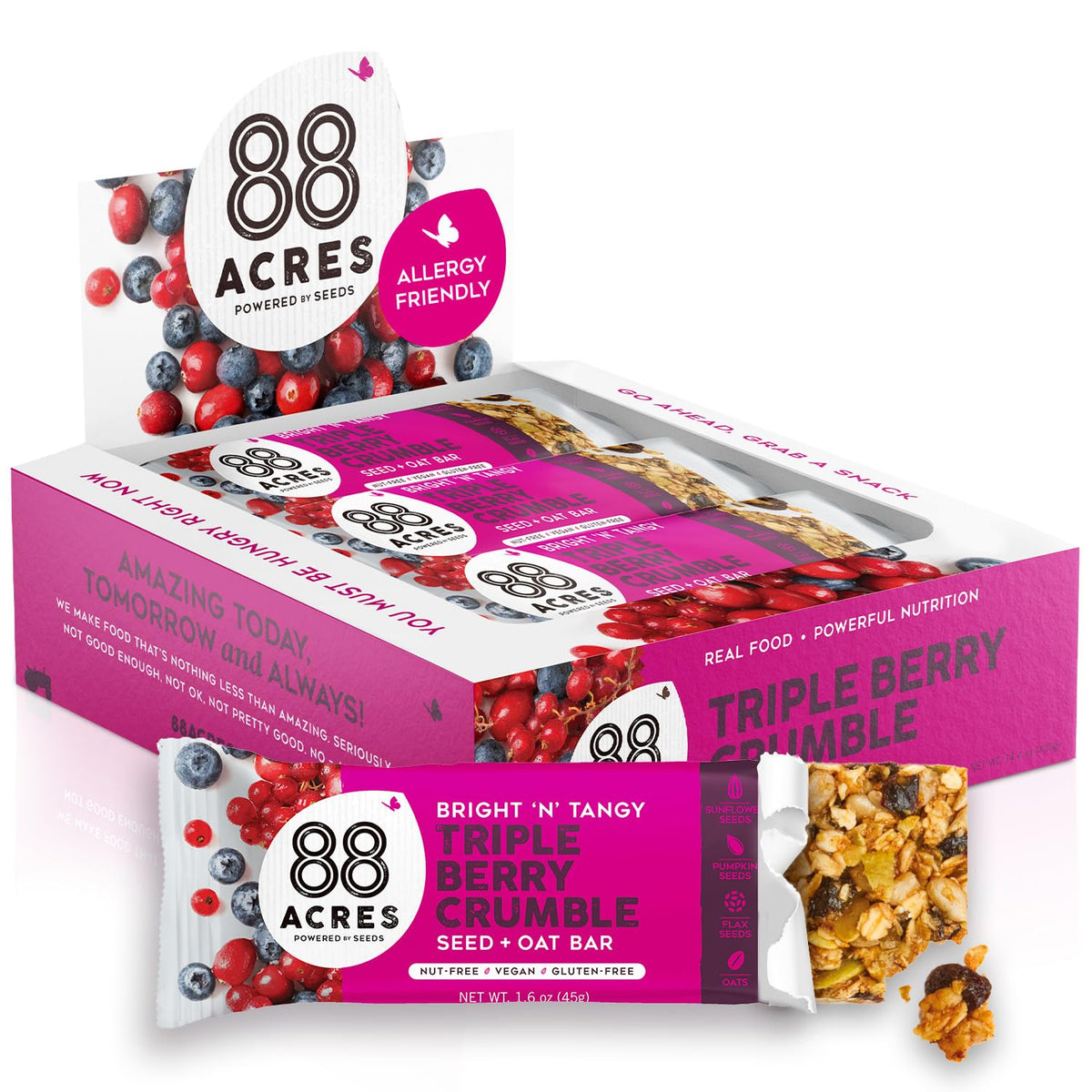 88 Acres Granola Bars - Triple Berry Crumble, Gluten & Nut Free, 12 Count