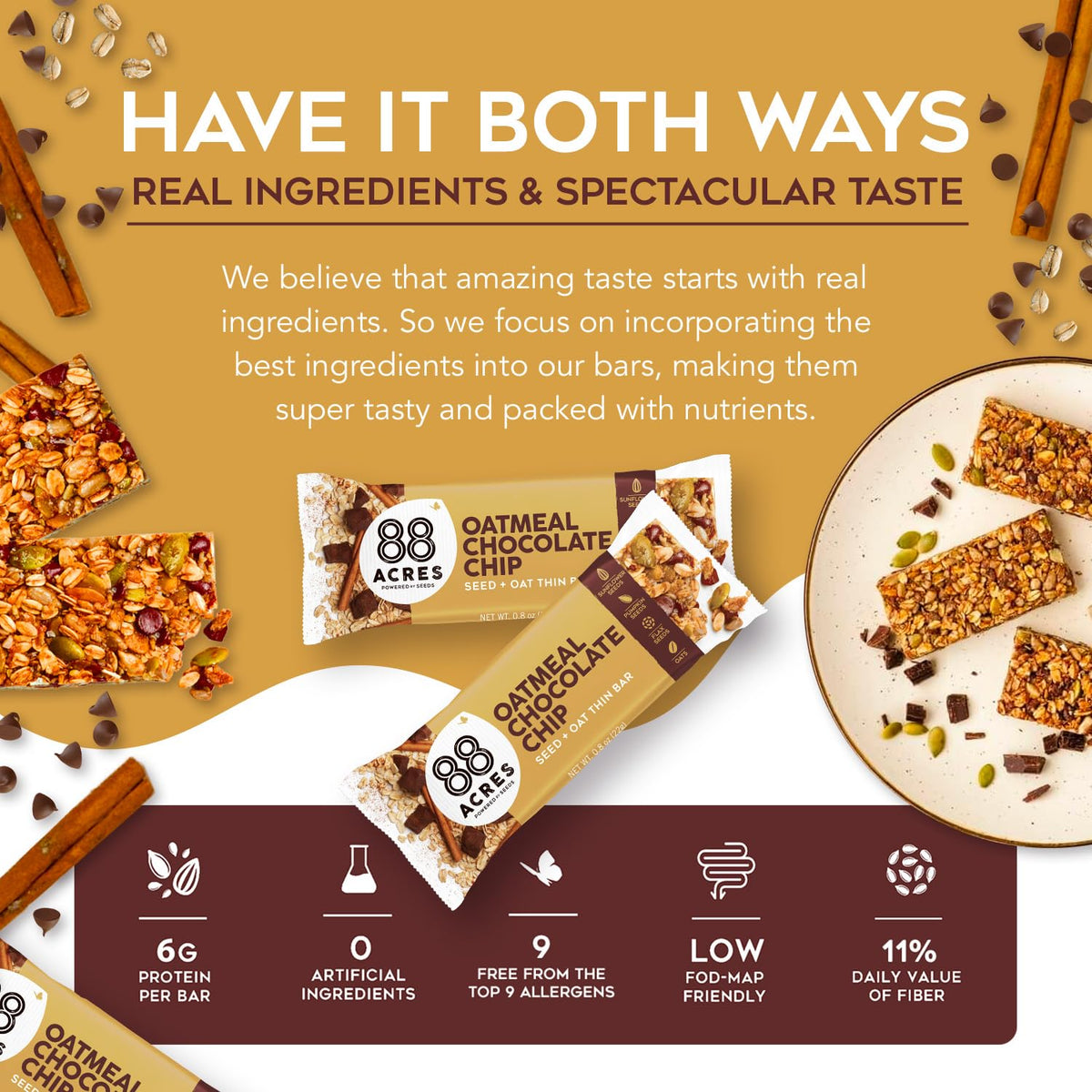 88 Acres Granola Bars - Oatmeal Chocolate Chip | Gluten Free, Nut Free, Vegan | 12 Pack