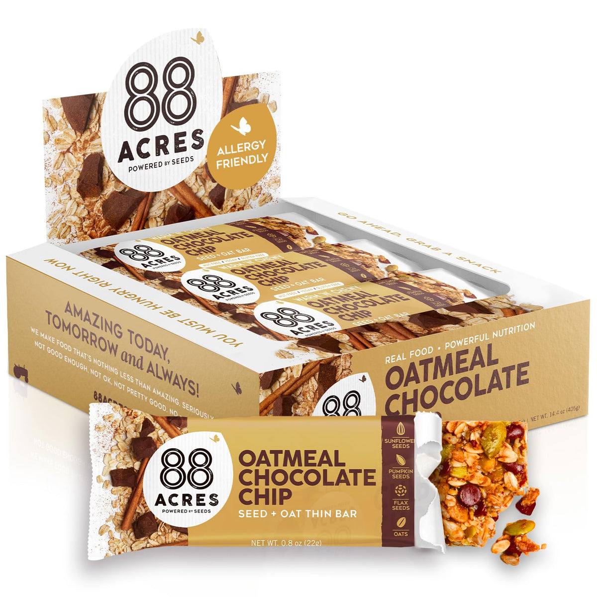 88 Acres Granola Bars - Oatmeal Chocolate Chip | Gluten Free, Nut Free, Vegan | 12 Pack