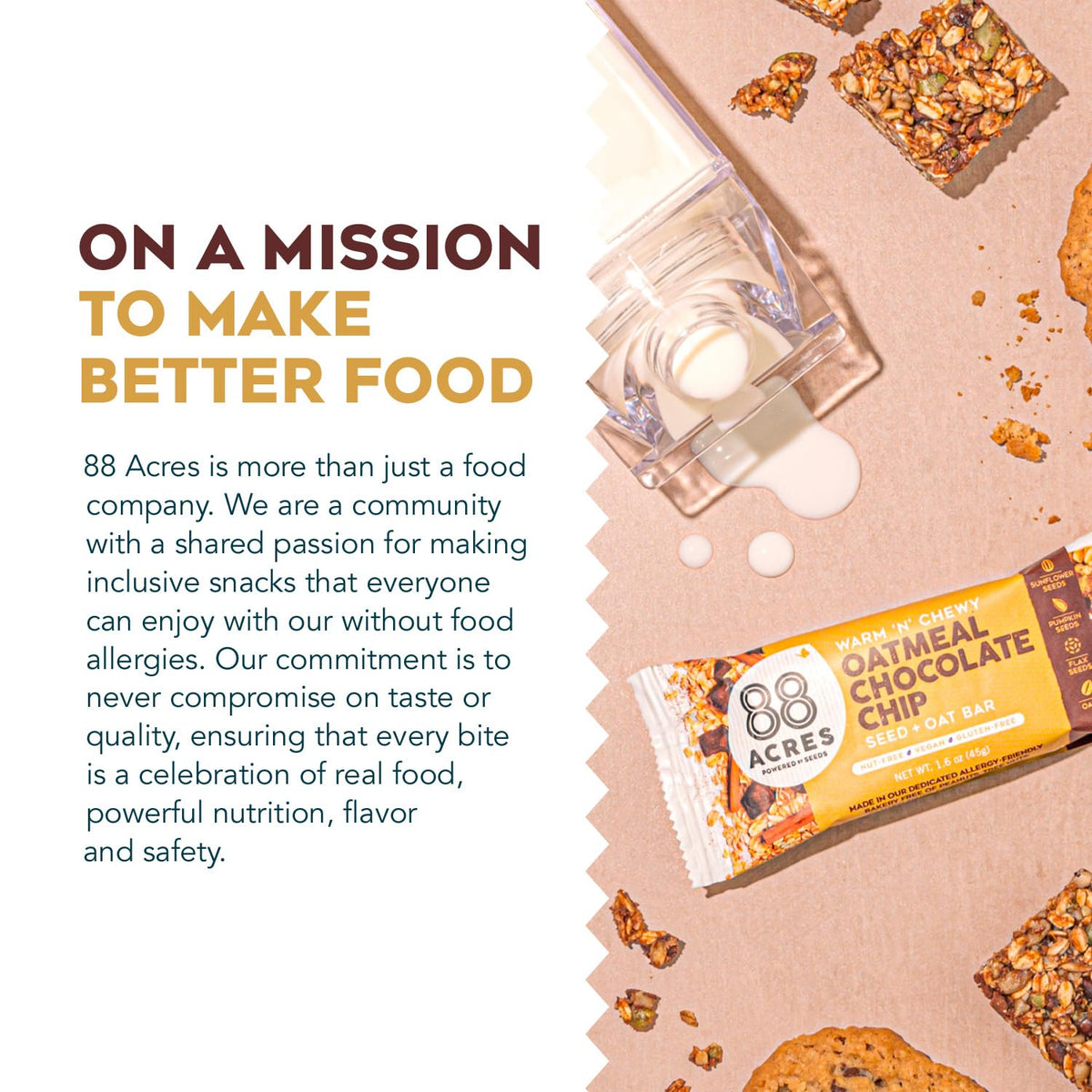 88 Acres Granola Bars - Oatmeal Chocolate Chip | Gluten Free, Nut Free, Vegan | 12 Pack